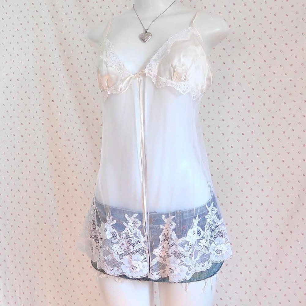 victoria's secret white lace mesh babydoll cami slip top small y2k